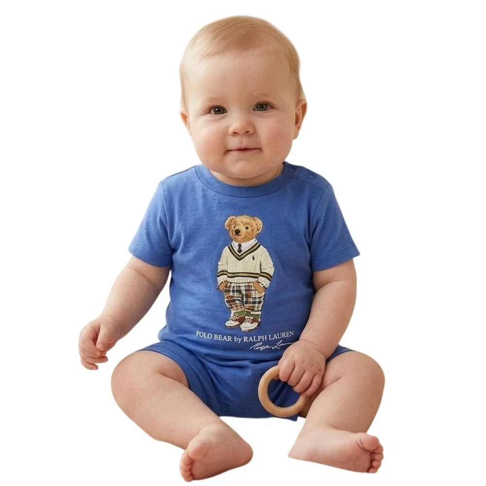 Ralph Lauren Polo Bear Blue Short Sleeve Romper Baby Boy 3M Preppy Mascot Logo